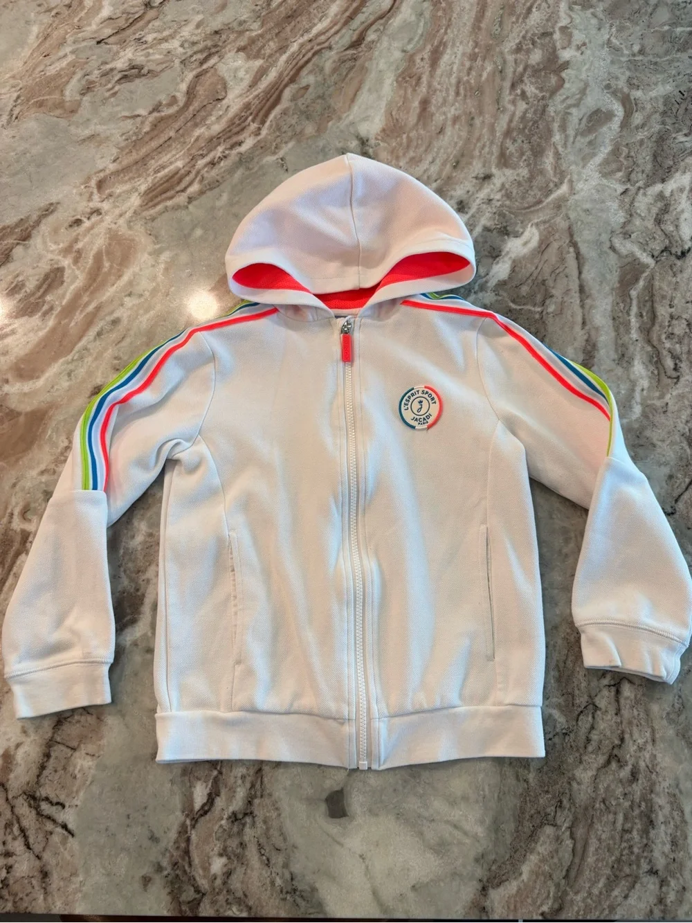 Jacadi Paris White Zip Up Hoodie Neon Strip Mesh Lined Lightweight Girls 10
